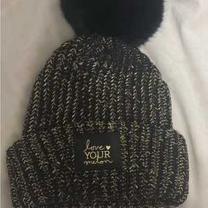 Love Your Melon Black and Gold Pom-Pom Beanie